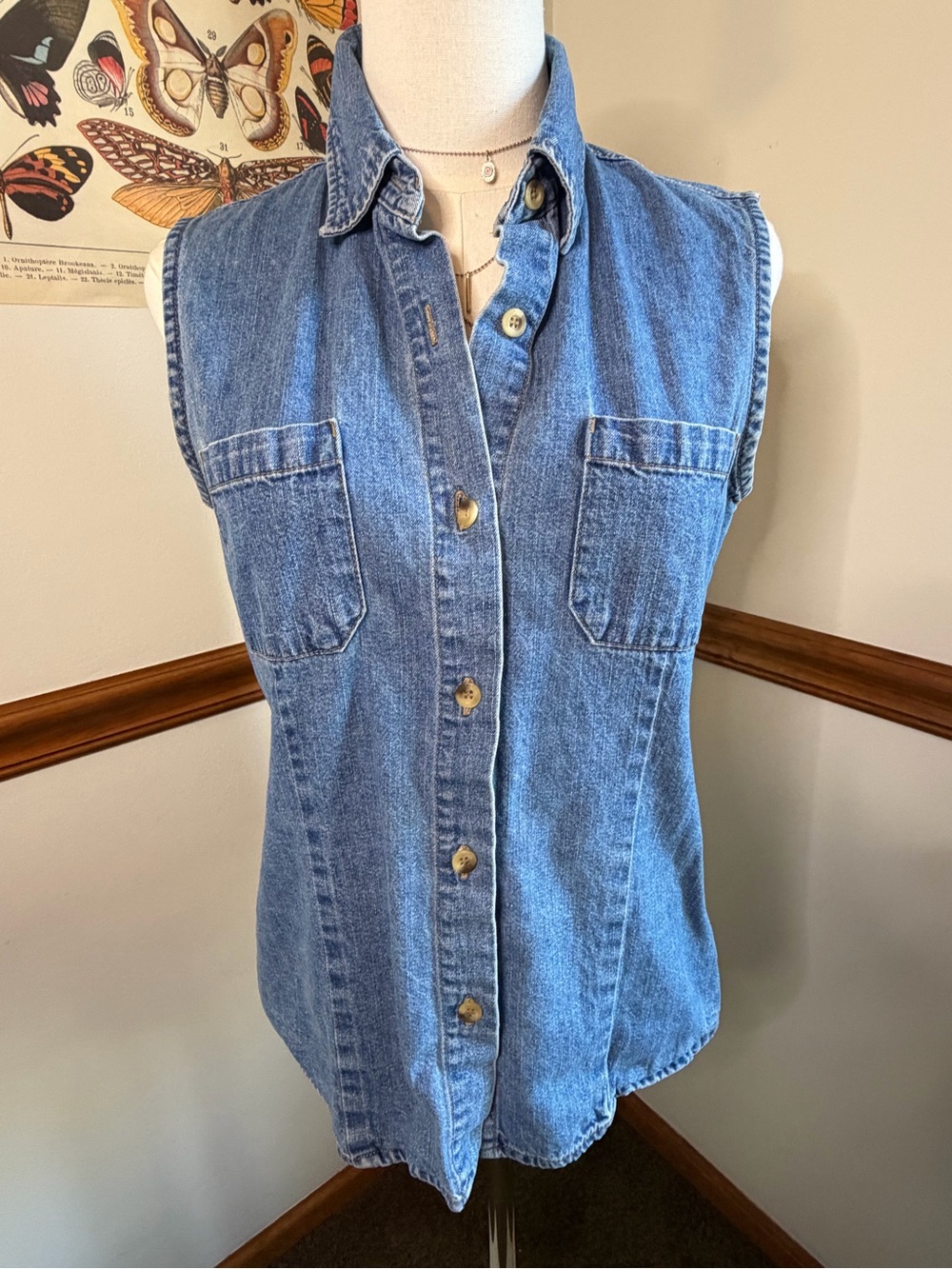 Maurices Sleeveless Blue Denim Button-Down Shirt